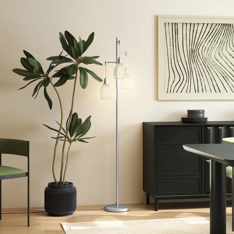 Industrial Floor Lamp with 3 Hanging Wire Lampshades, Dimmable Standing Lamp for Living Room, Silver