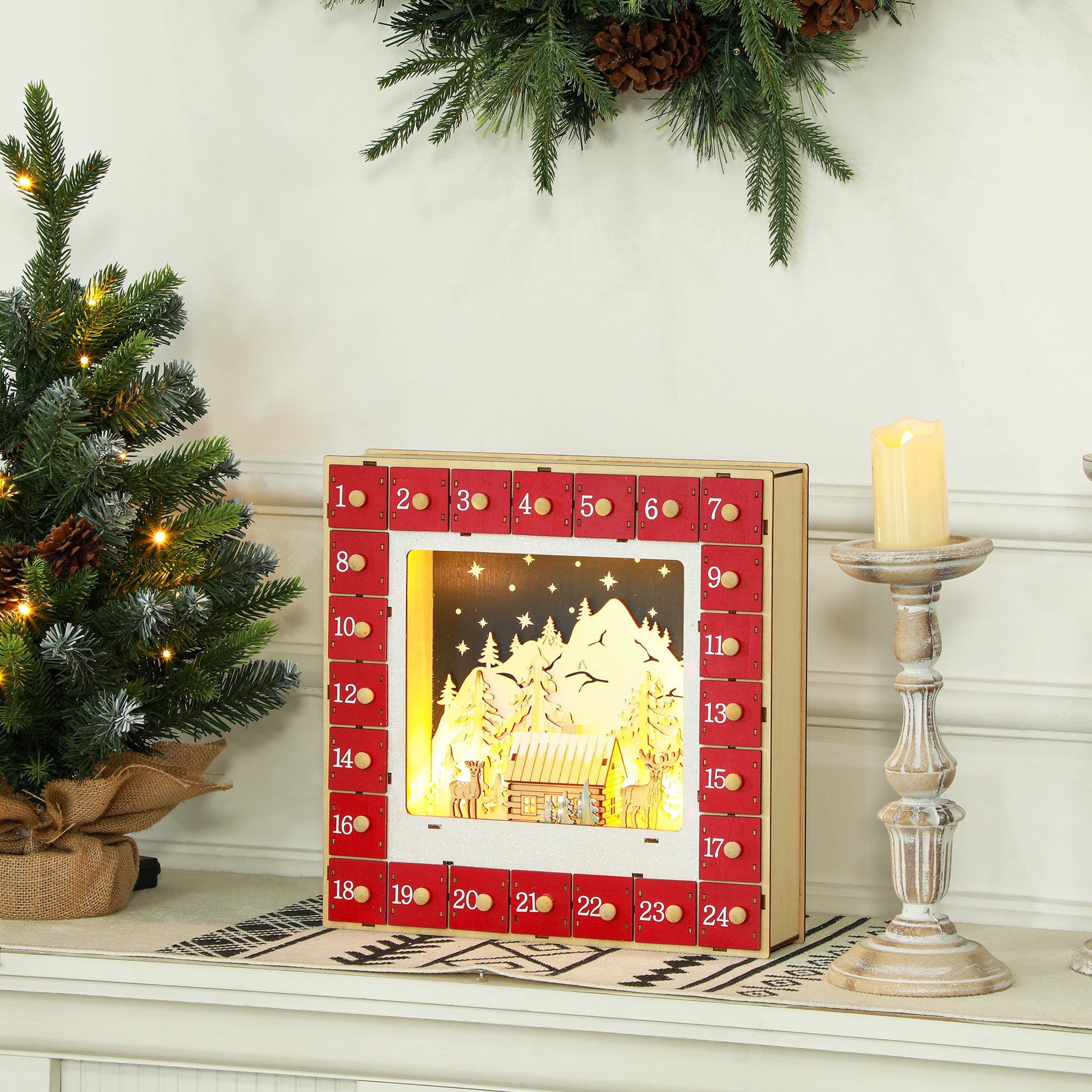 HOMCOM Wooden Christmas Advent Calendar, Light Up Holiday Decoration with 24 Countdown Drawers, Battery Operated 