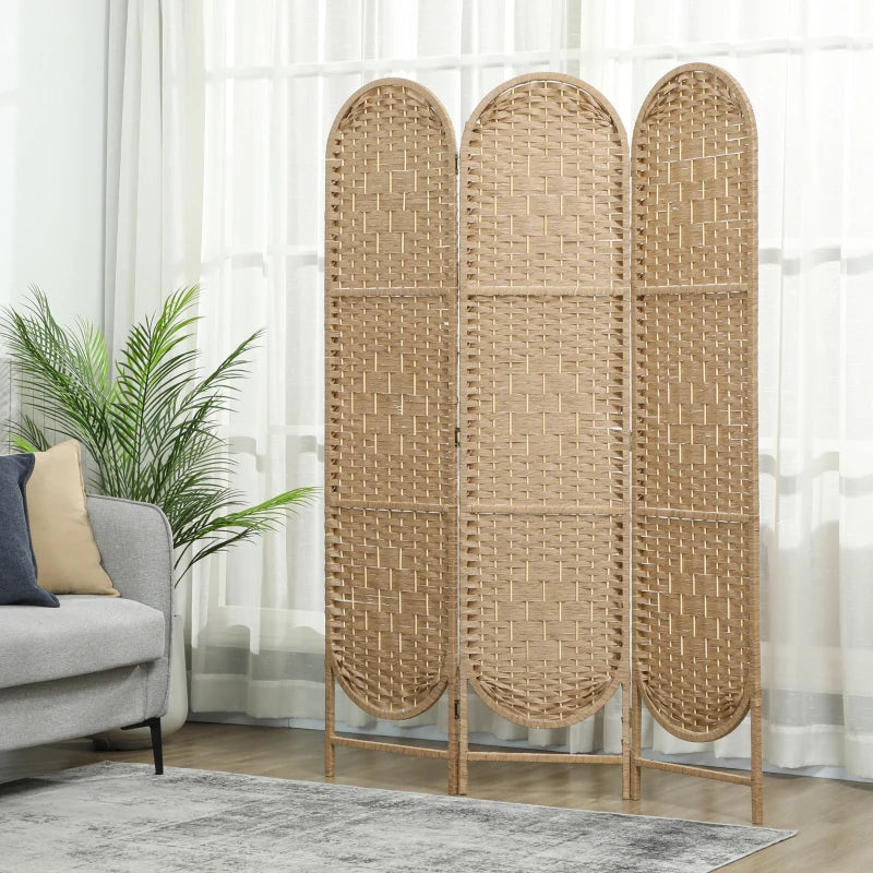 Bohemian Privacy Screen, Folding Room Divider with 3 Panels and Arched Top for Bedroom Living Room Office, Natural Wood