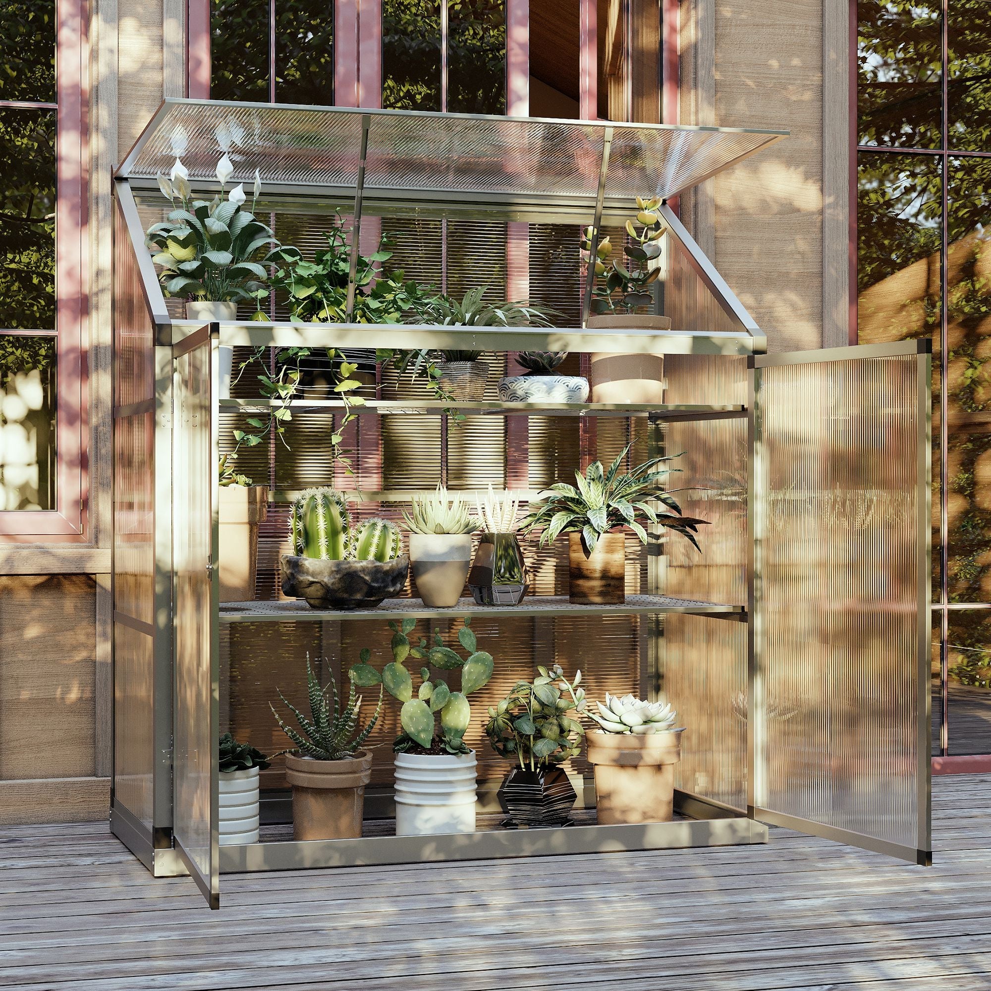 Outsunny Aluminum Cold Frame Greenhouse, Raised Planter Bed Protection with Openable Top and 2 Shelves for Outdoor Indoor 