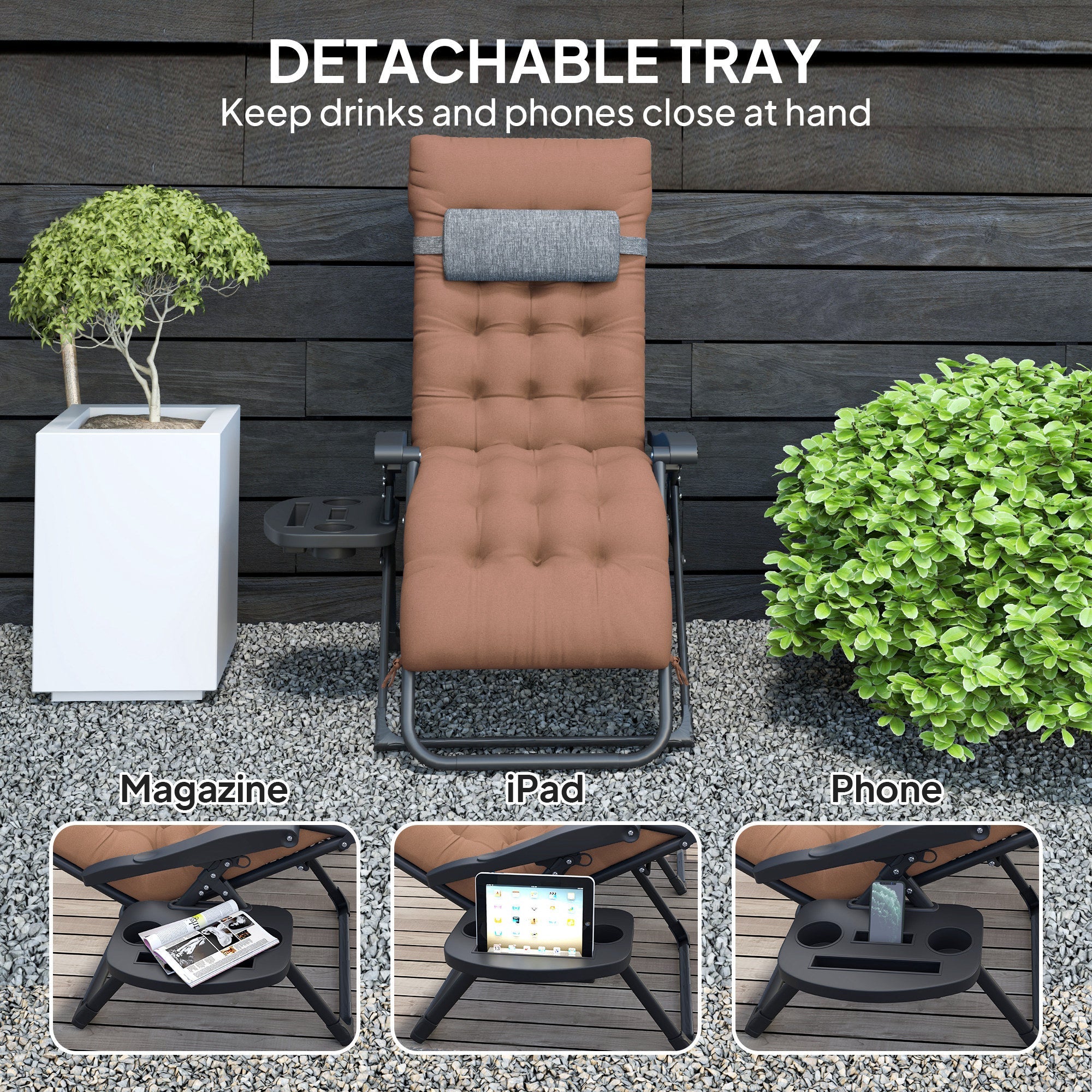 Outsunny Padded Folding Recliner Chair, Patio Lounger with Cupholder, Adjustable Backrest, Removable Cushion, Khaki 