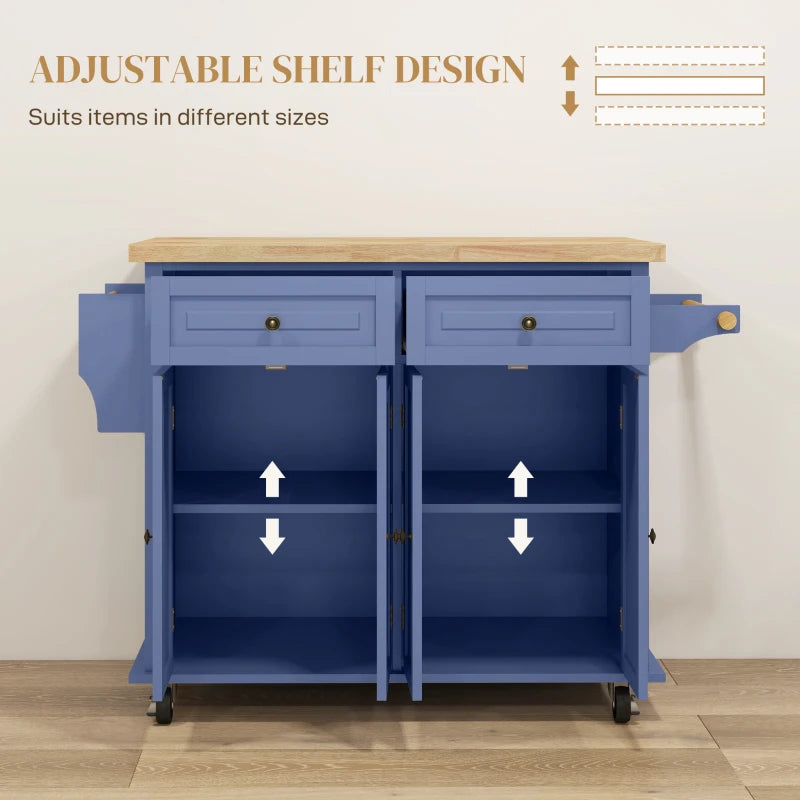 Kitchen Island with Storage, Rolling Trolley Cart with Rubber Wood Top, Spice Rack, Towel Rack, Navy Blue