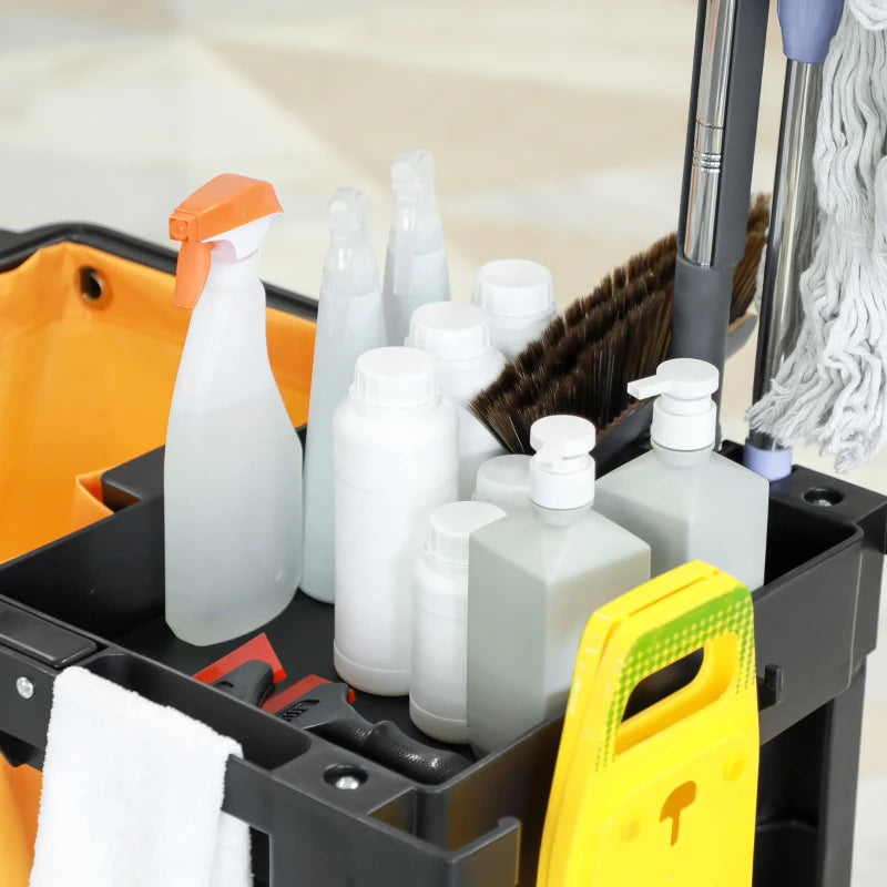 Janitorial Cart with 3 Shelves, Cleaning Cart on Wheels with Rubbish Bag and Mop Holders for Hotel, Housekeeping, Black