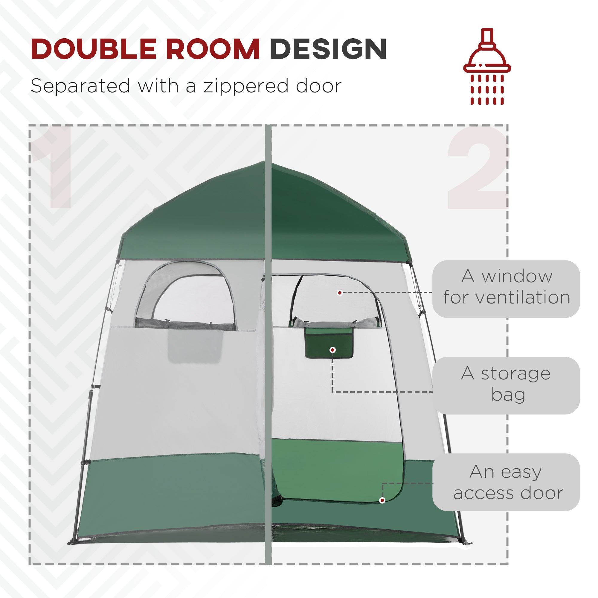 Outsunny Outdoor Portable Pop Up Shower Tent Changing Tent Privacy Enclosure with 2 Rooms, Shower Bag, Floor for Camping, Green 