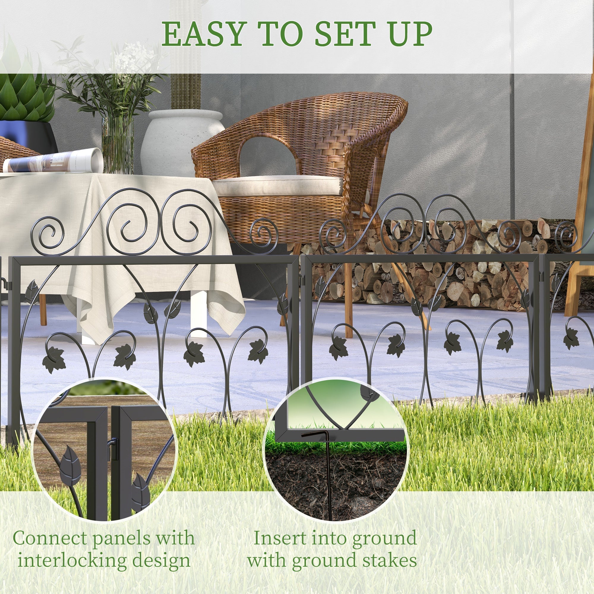 Outsunny Garden Fence 4 Pack Metal Wire Fencing Scroll Flower Design Border Animal Barrier for Backyard Black 