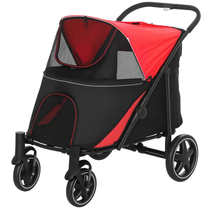 Foldable Pet Stroller with Universal Front Wheels, Shock Absorber, Dog Cat Carriage for Large & Medium Dogs, Red