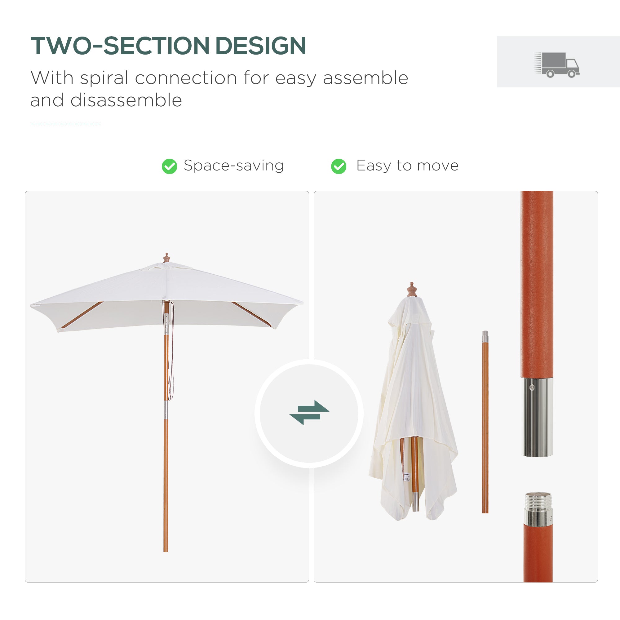 Outsunny Square Wooden Patio Umbrella: 6.6x5ft Fir Market Parasol with Tilt & 6 Ribs, Cream White 