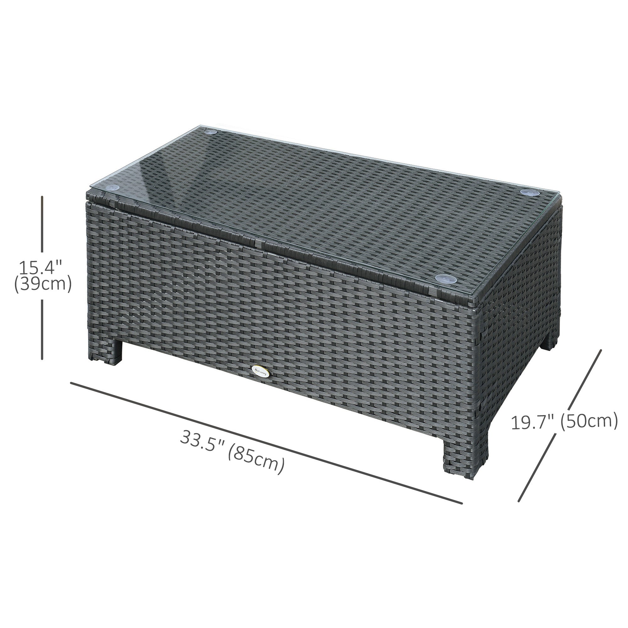 Outsunny Rattan Wicker Coffee Table with Glass Top - Black Outdoor Garden Patio Furniture 