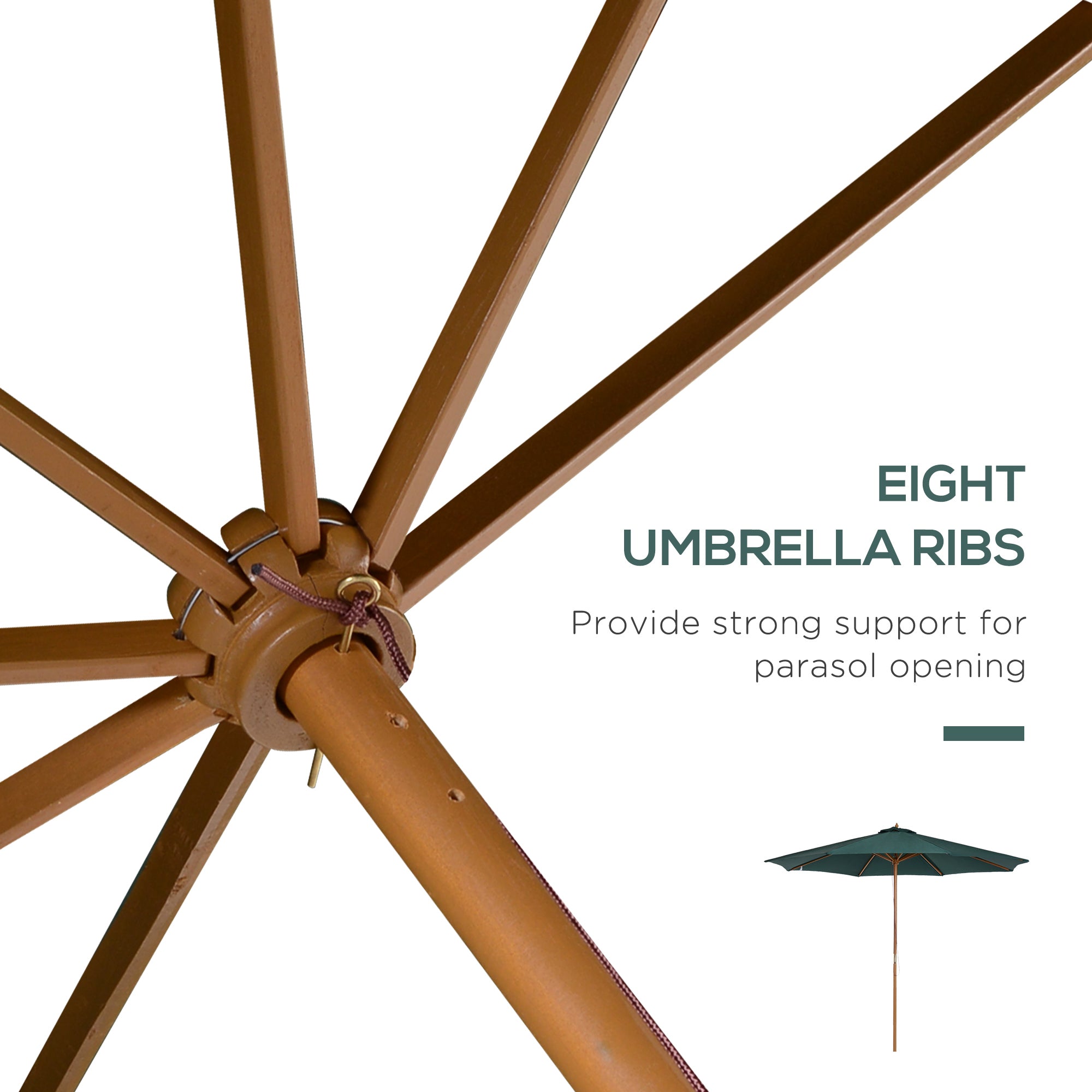 Outsunny 10FT Round Patio Umbrella with Rope Pulley Mechanism, Wooden Market Umbrella, Garden Parasol with 8 Ribs, Dark Green 