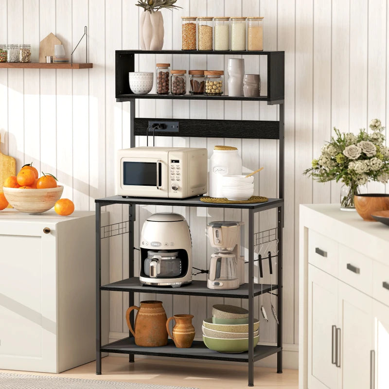 Baker's Rack with Charing Station, Microwave Shelf with Power Outlet, USB Charger and 5 Hooks, Black