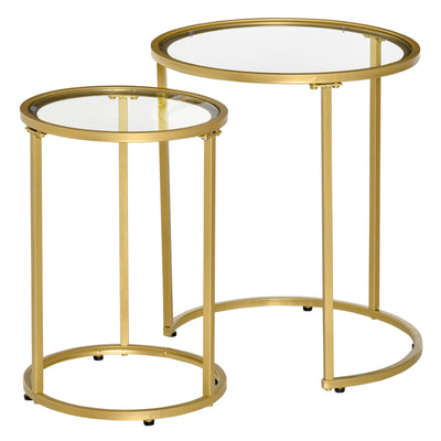HOMCOM Glamorous Nesting Tables: Set of 2 Round Side Coffee Tables with Tempered Glass Top, Elegant Gold Metal Base 
