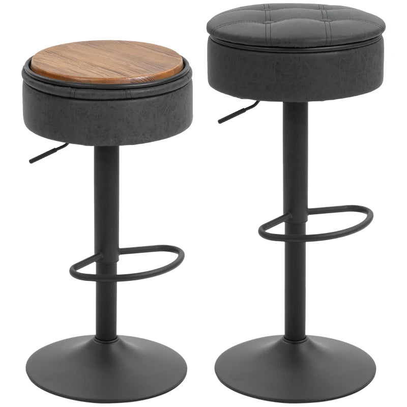 Set of 2 Barstools with Storage, Swivel Bar Stools with PU Leather Upholstered, Footrest, Steel Base, Black