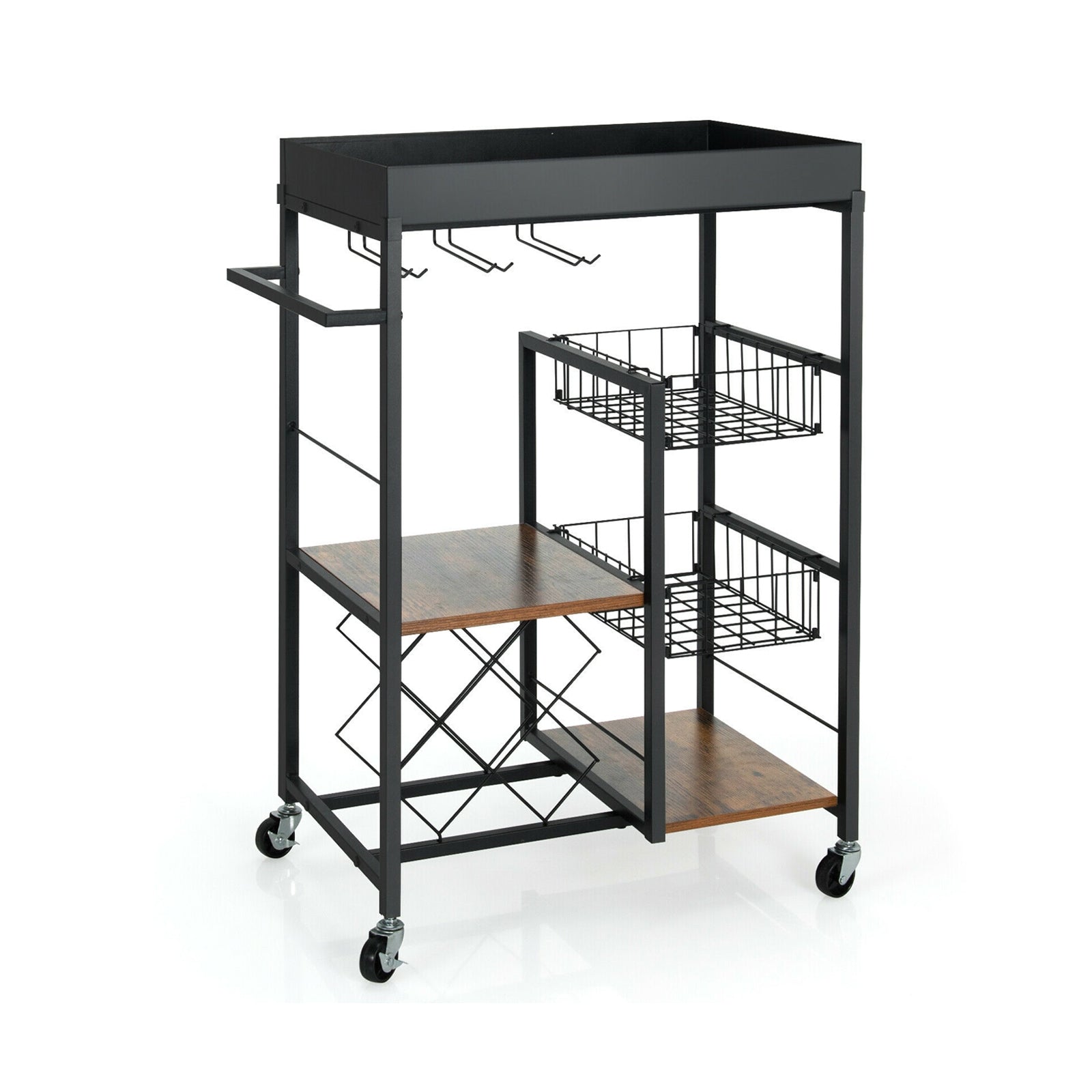 Kitchen Island Cart on Wheels with Removable Top and Wine Rack-Rustic Brown