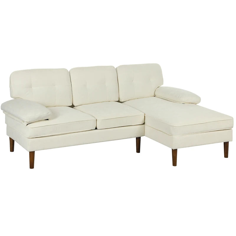 Modern Corner Couch with Right Chaise Lounge, Tufted 3-Seater Sofa with Wooden Legs for Living Room, Cream White