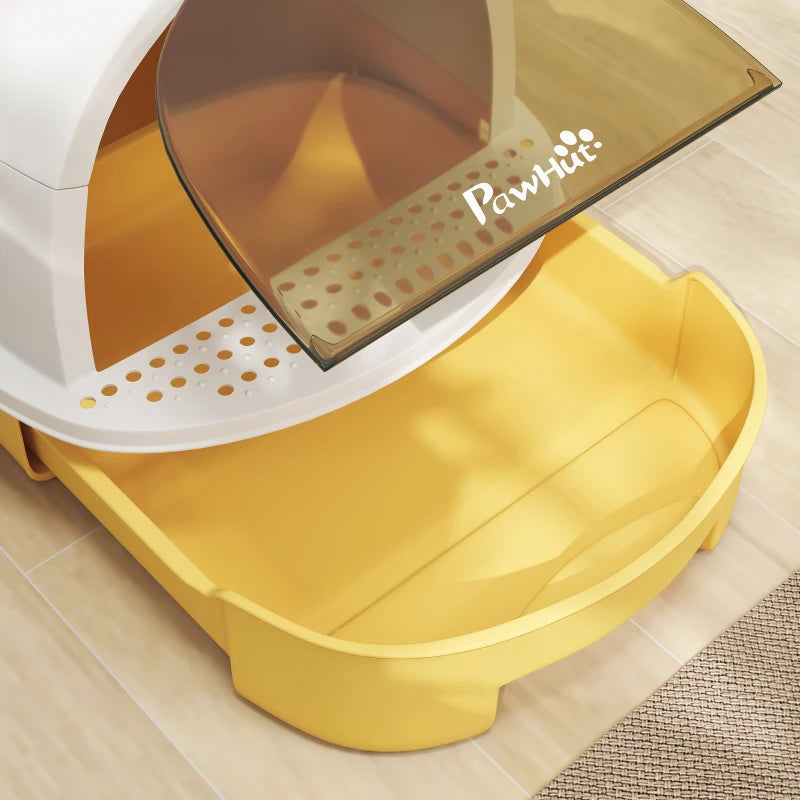 Cat Litter Box with Lid, Front Door Flap, Scoop, Handle, Easy Clean, for Small and Medium Cats, Yellow