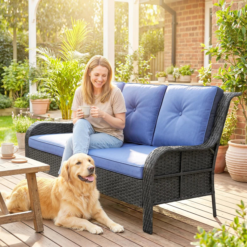 Wicker Patio Sofa with Cushions, 3 Seater Rattan Outdoor Couch for Patio, Garden, Porch, Backyard, Deep Blue