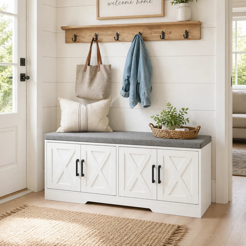 HOMCOM Farmhouse Shoe Storage Bench with Cushion, Entryway Bench with Adjustable Shelves & Cabinet Doors, White