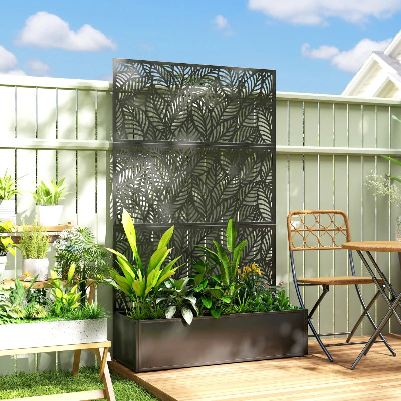 Metal Planter Box with Trellis, 70" Raised Garden Bed with Trellis Privacy Screen for Climbing Plants, Leaves Cut-Out