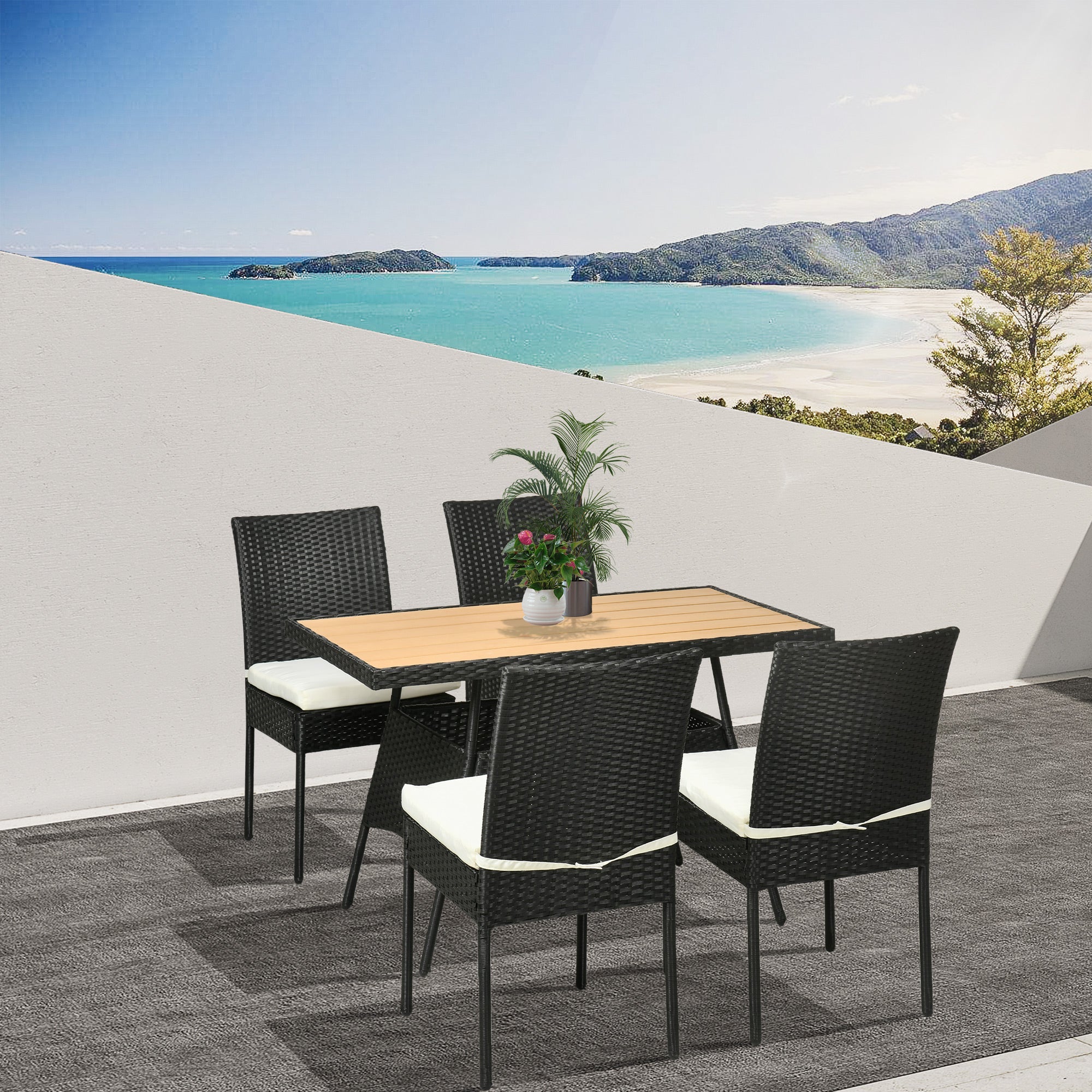 Outsunny 5PC Rattan Patio Dining Set Wicker Table 4 Chairs Cushioned Seats Cream 
