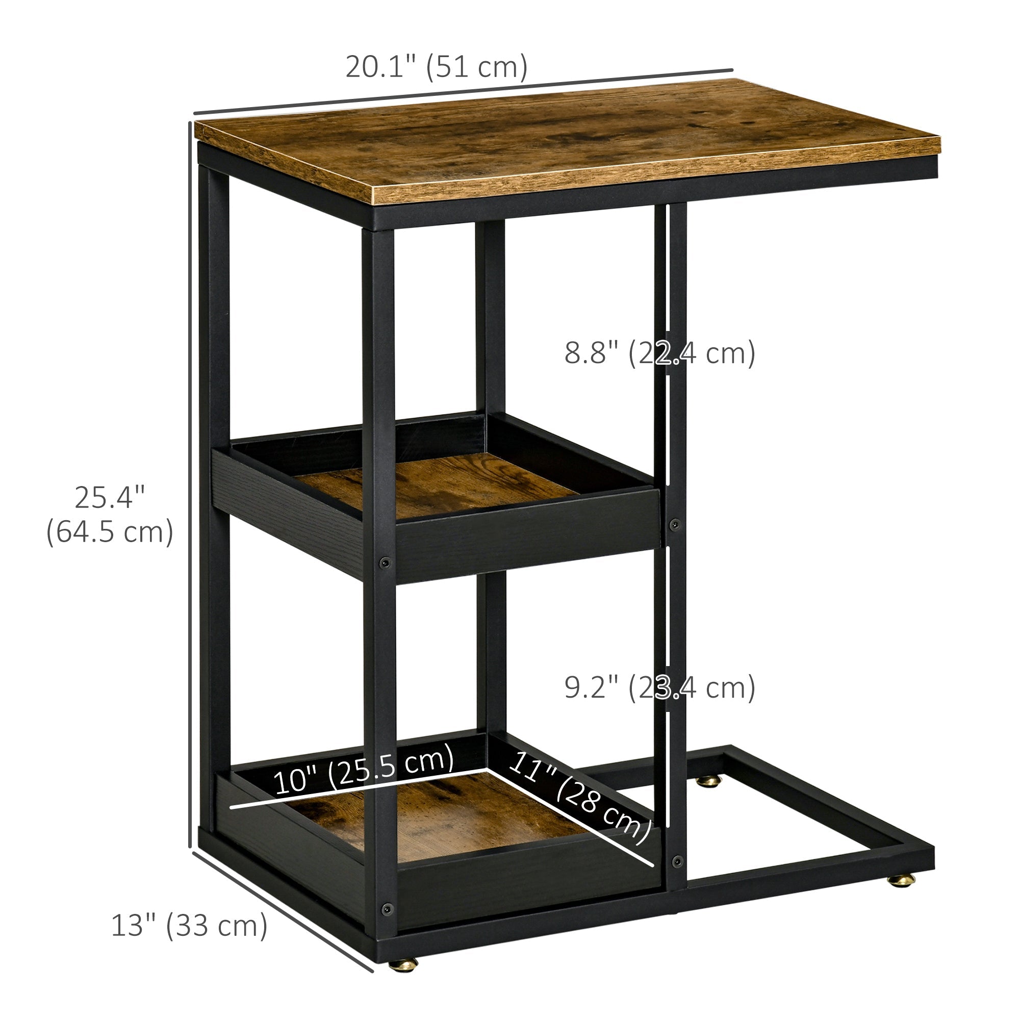 HOMCOM Industrial C-Table: C-Shaped End Coffee Table, Metal Frame Nightstand with Storage Shelves for Living Room, Bedroom 
