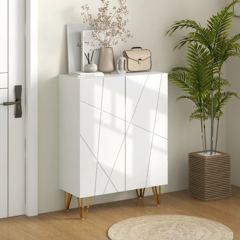 Narrow Shoe Storage Cabinet with Soft-Close Hinges and Adjustable Shelves for 15-20 Pairs of Shoes, High Gloss White
