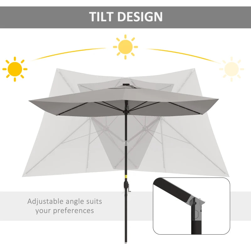 6.5x10ft Patio Umbrella Tilt Aluminum Outdoor Market Parasol with Solar Powered LEDs, Crank - Light Grey