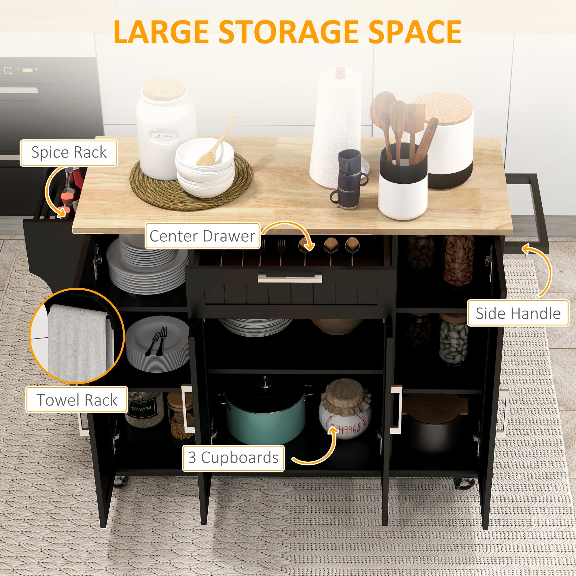 HOMCOM Modern Rolling Kitchen Island Cart with Drawers, Natural Wood Top, Towel Rack, Door Storage Cabinet, Black 