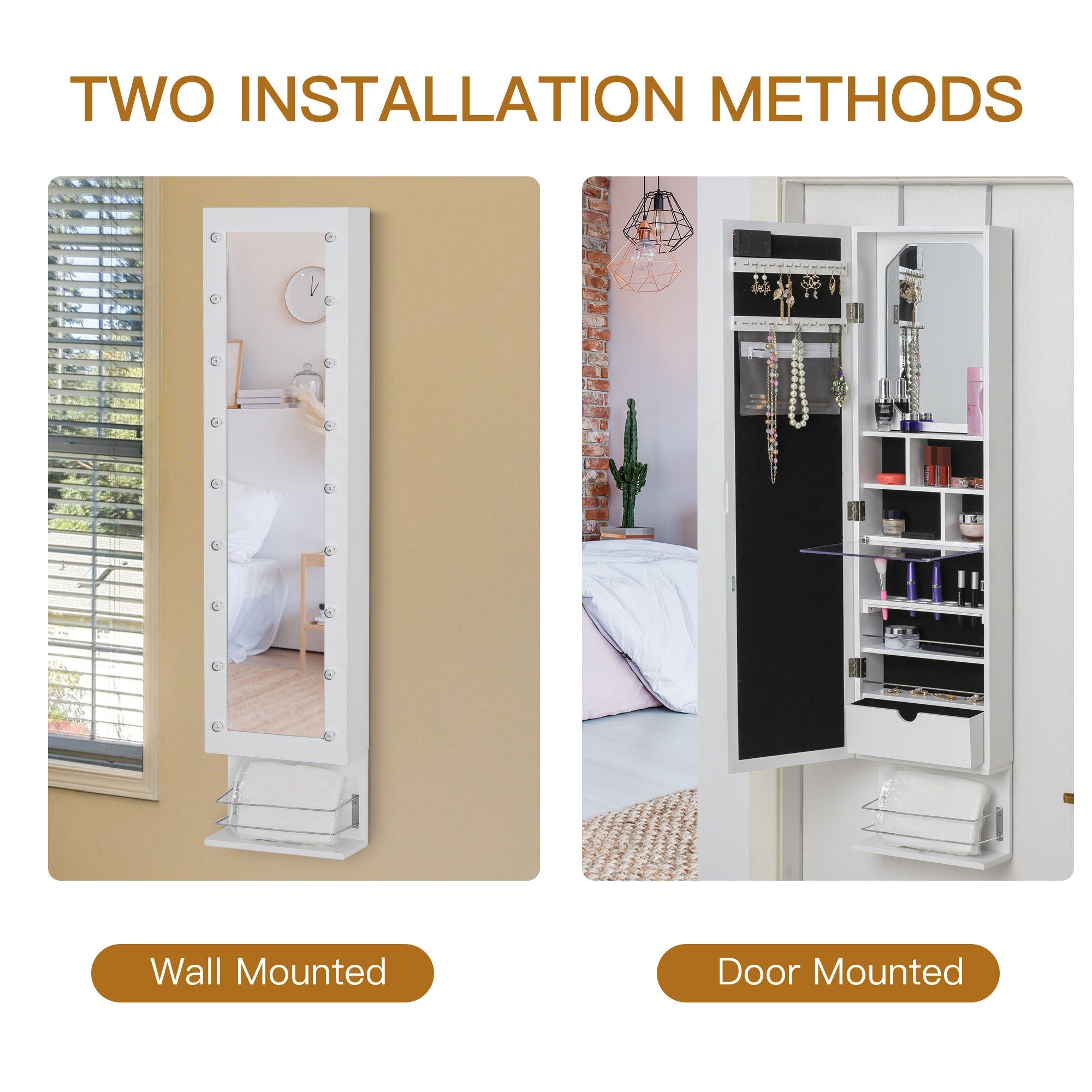 HOMCOM Wall-Mounted Jewelry Armoire: With LED Lights, Over-The-Door Mirror Storage Shelves 