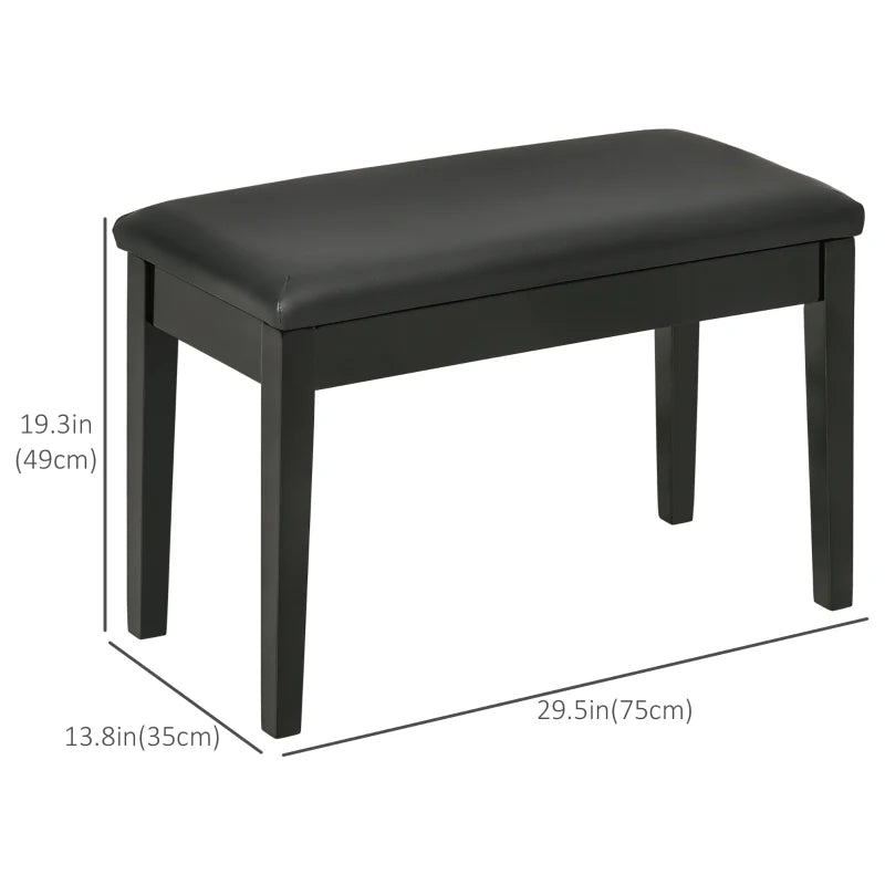 Classic Piano Bench Stool, PU Leather Padded Keyboard Seat with Rubber Wood Legs and Music Storage Compartment, Smooth Seat, Black