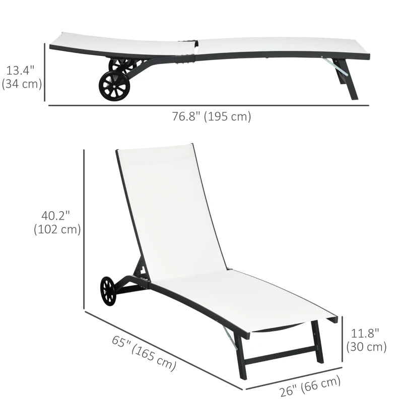 Outdoor Lounge Chair Set of 2, Tanning Chair with Wheels, Breathable Mesh for Patio, Backyard, Poolside, Cream White