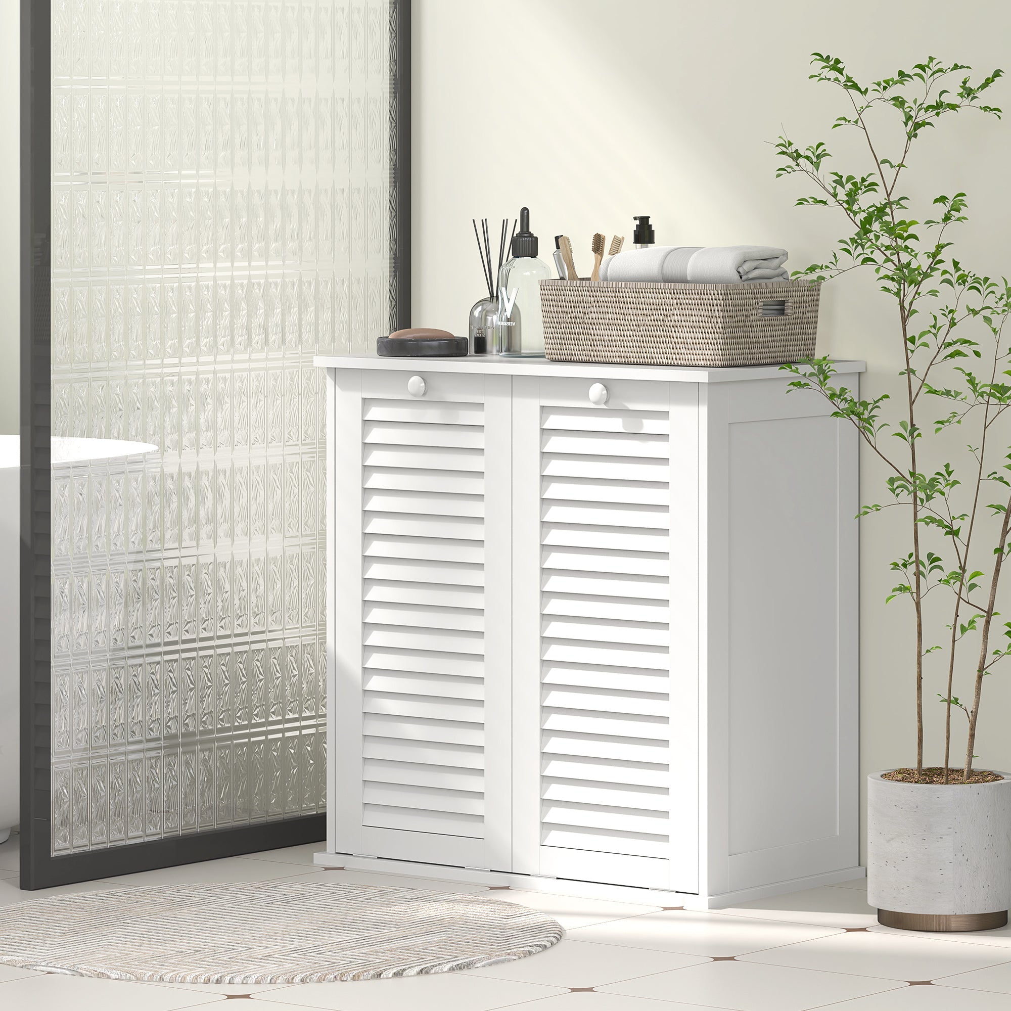 HOMCOM Tilt Out Laundry Cabinet, Laundry Basket Cabinet with 2 Baskets and 2 Louvered Doors, White 