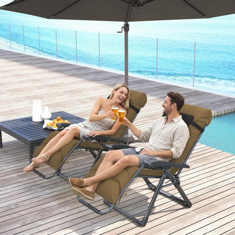 Folding Garden Chairs Set of 2, Reclining Zero Gravity Chair, Sun Lounger with Cushion and Headrest, Khaki