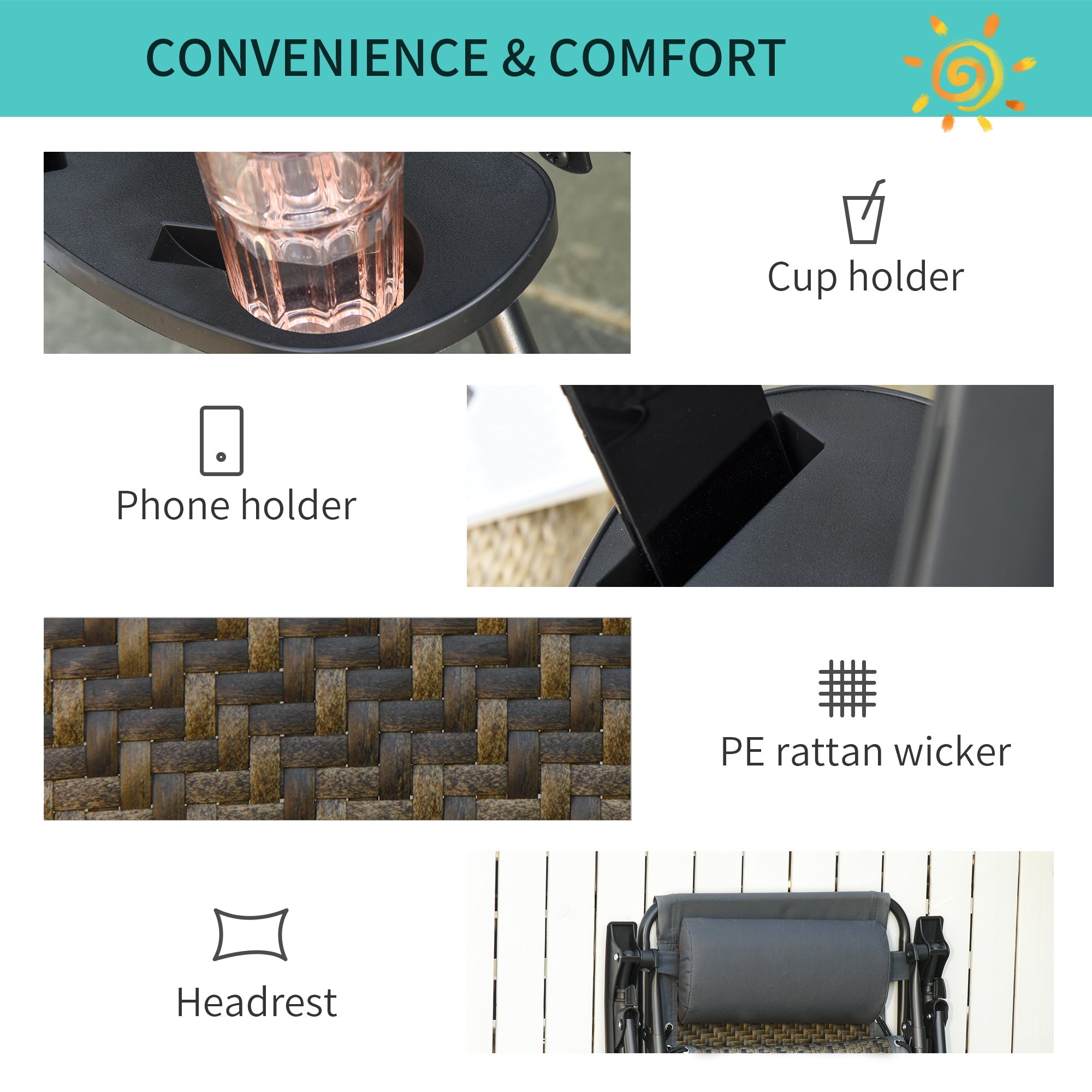 Outsunny Zero Gravity Outdoor Folding Lounge Chair with Headrest Cup and Phone Holder Grey 