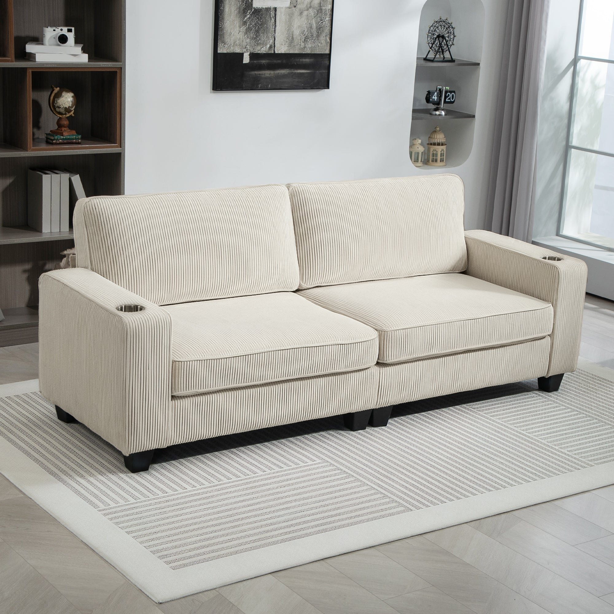 HOMCOM Three Seater Sofa, Fabric 3 Seater Couch with Spring Cushion and Cup Holders for Living Room, Bedroom, Cream White 