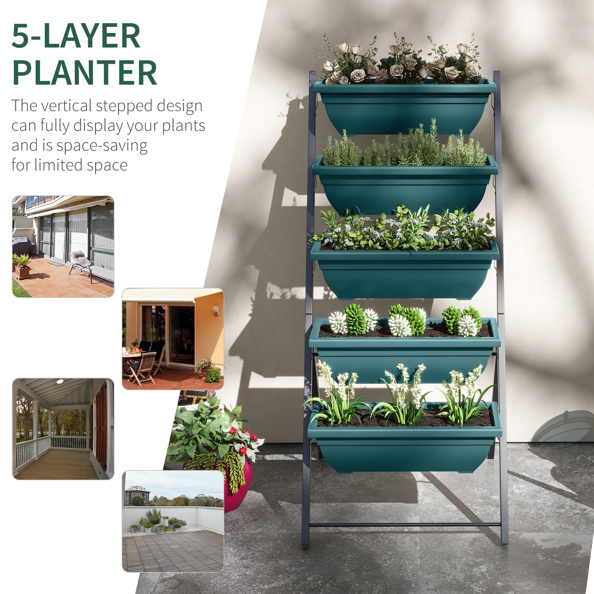 Outsunny 5-Tier Raised Garden Bed with 5 Planter Box, Outdoor Plant Stand Grow Containers with Leaking Holes, Green 