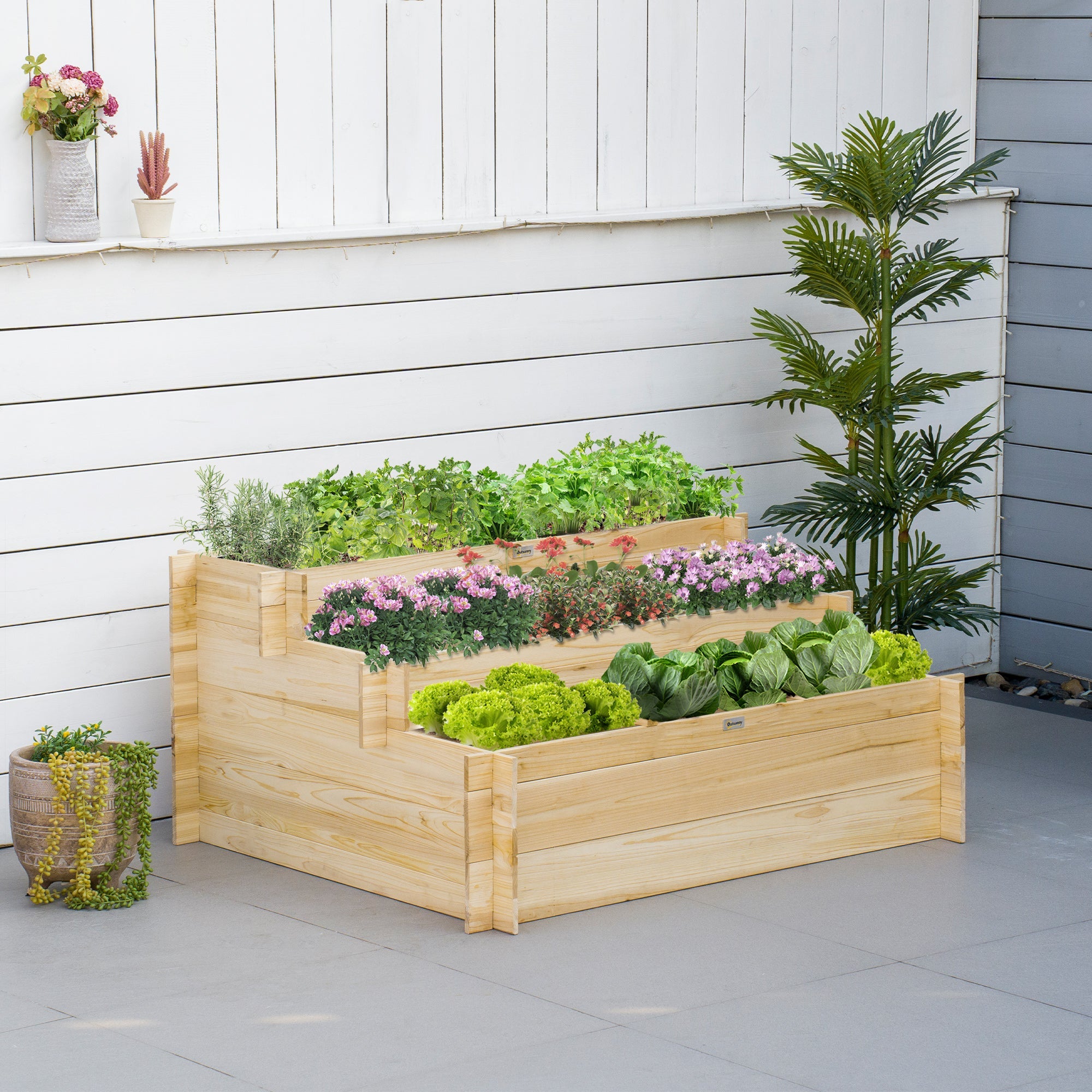 Outsunny 3 Tier Raised Garden Bed with 9 Grow Grids and Bed Liner for Garden, Outdoor to Vegetables, Flowers, Natural 