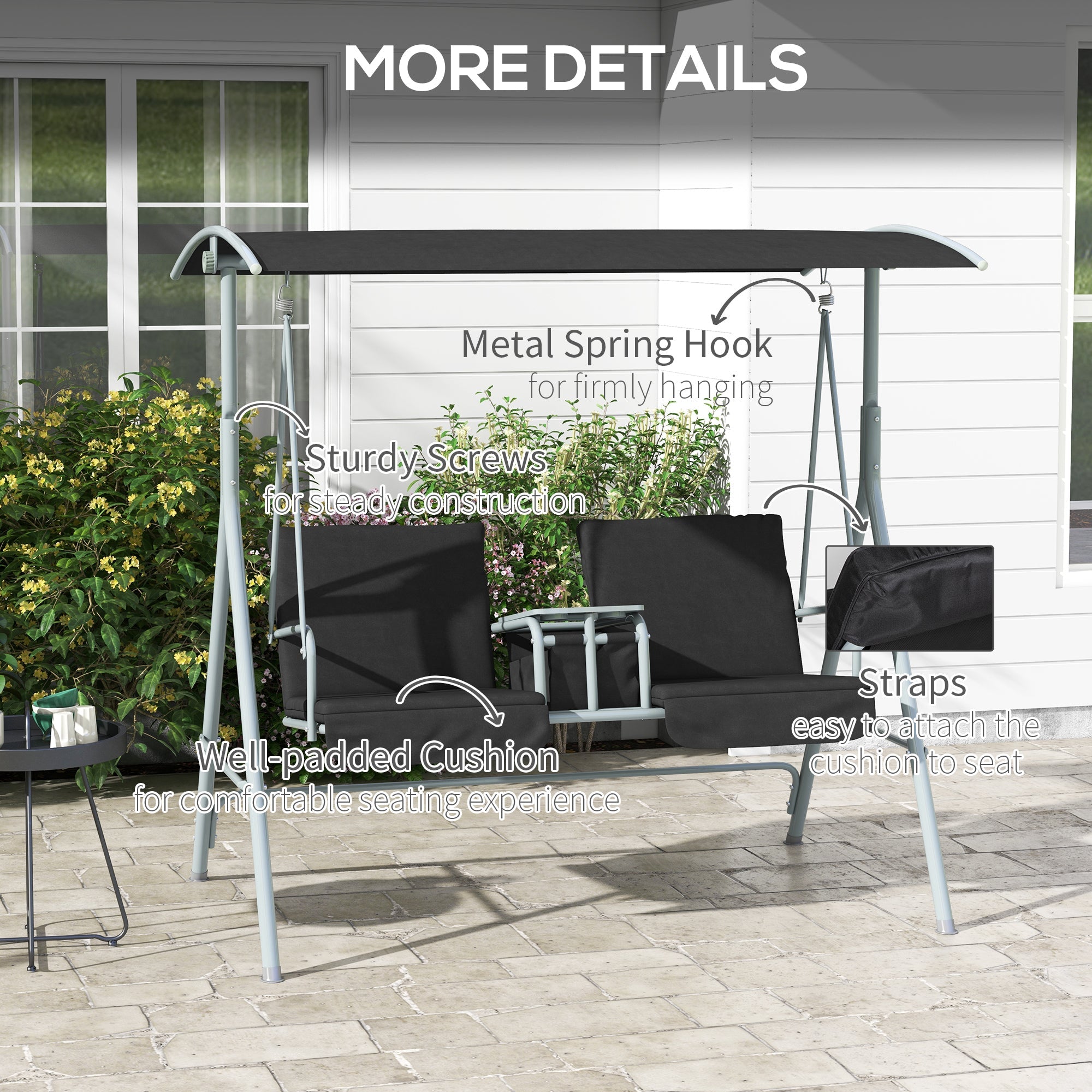 Outsunny 2-Seater Outdoor Porch Swing with Adjustable Canopy and Table, Patio Swing Chair for Garden, Poolside, Backyard, Black 