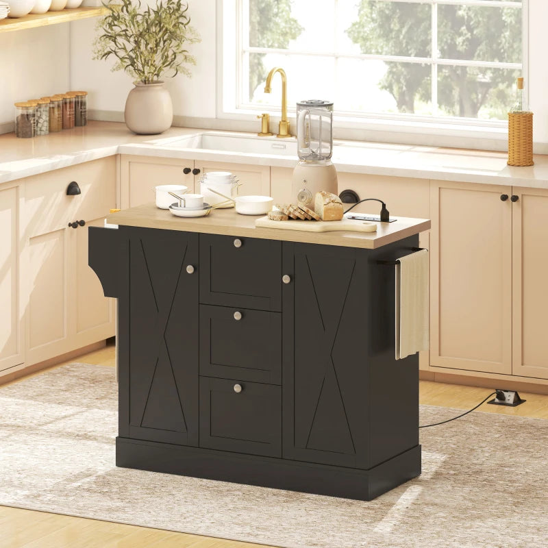 Farmhouse Kitchen Island Cart with Power Outlet and Soft-Close Doors, 49" Kitchen Island with 3 Drawers, Black