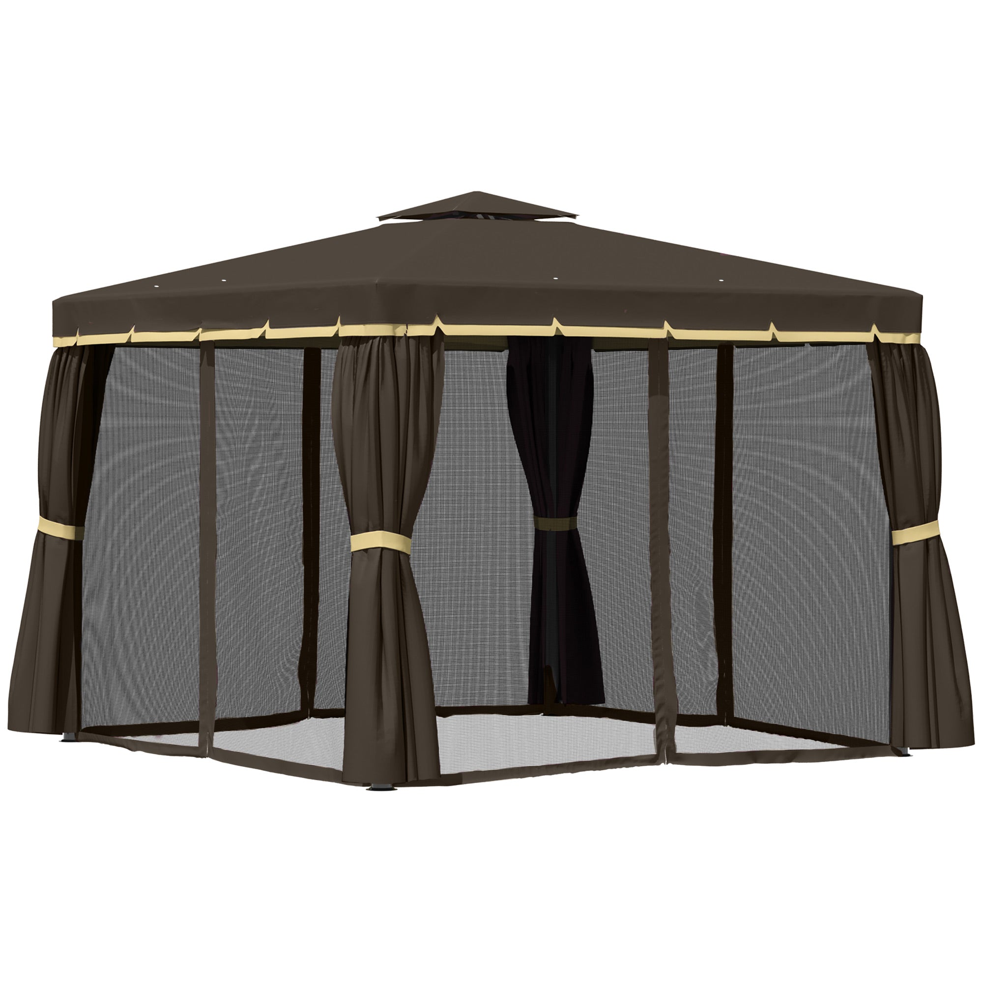 Outsunny 10' x 10' 2-Tier Outdoor Gazebo Canopy Tent with Zippered Mesh Sidewalls, Aluminum Frame for Patio, Backyard, Coffee 