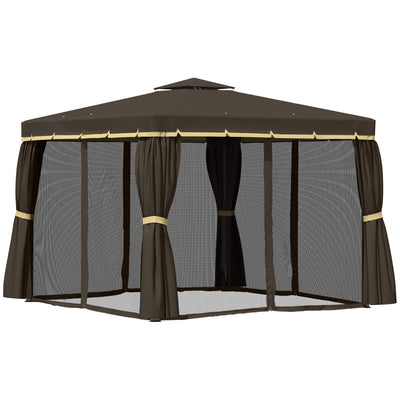 Outsunny 10' x 10' 2-Tier Outdoor Gazebo Canopy Tent with Zippered Mesh Sidewalls, Aluminum Frame for Patio, Backyard, Coffee 