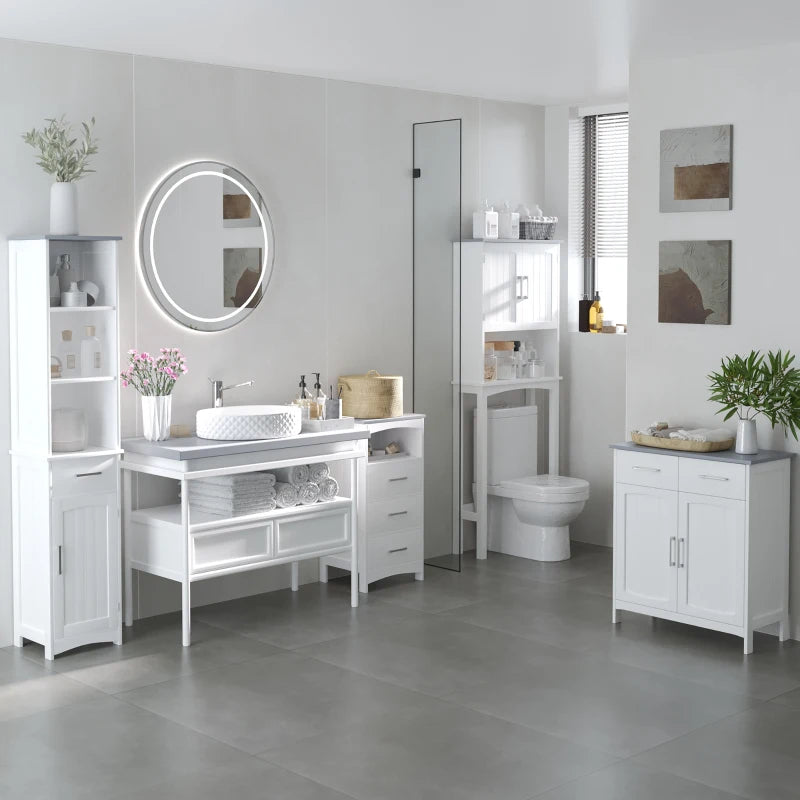 Modern Over The Toilet Storage Cabinet, Double Door Over Toilet Bathroom Organizer with Adjustable Shelf and Open Shelf, Space Saver, White