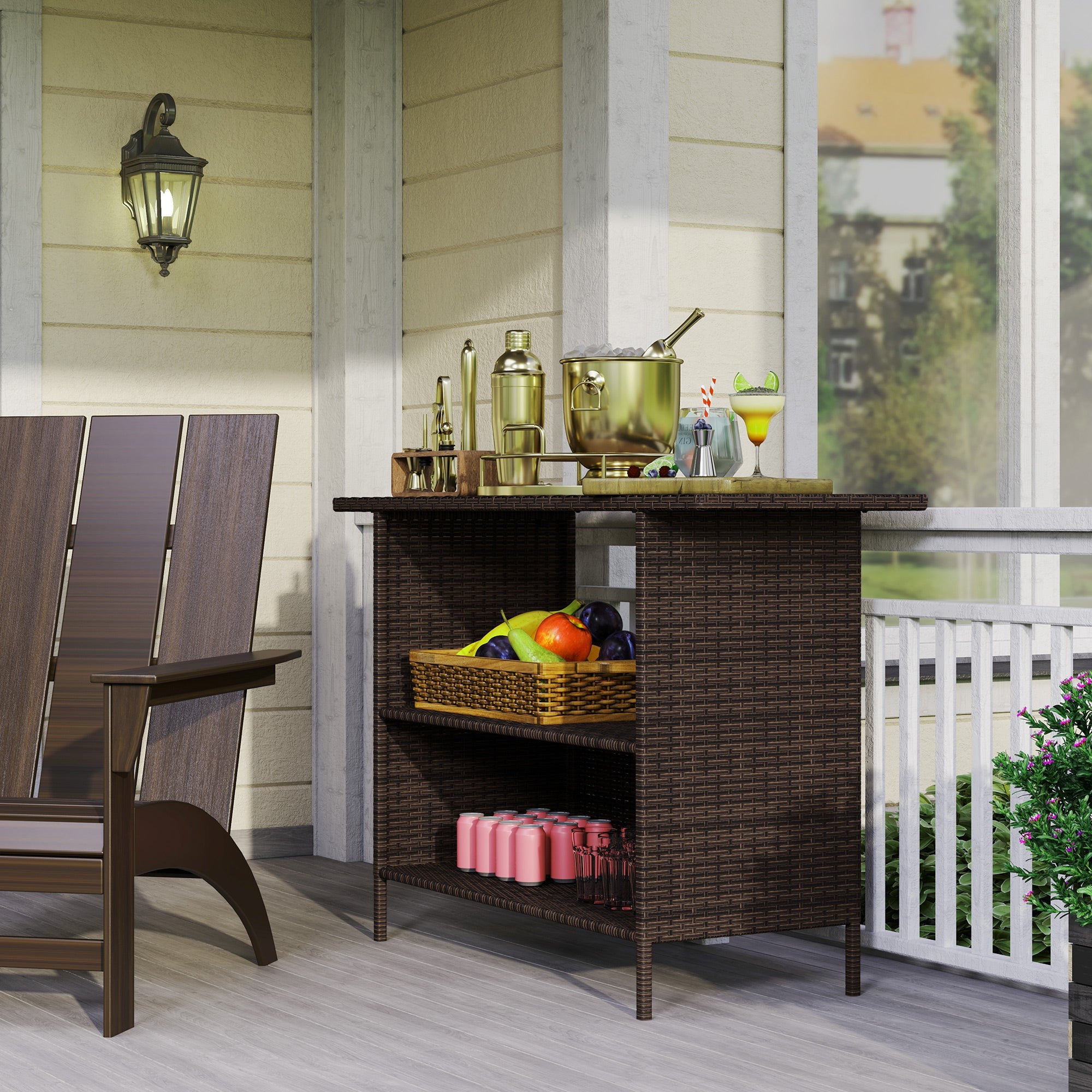 Outsunny Wicker Outdoor Bar Table, PE Rattan Bar Height Patio Table with 2 Shelves, Steel Frame for Garden, Backyard, Dark Brown 