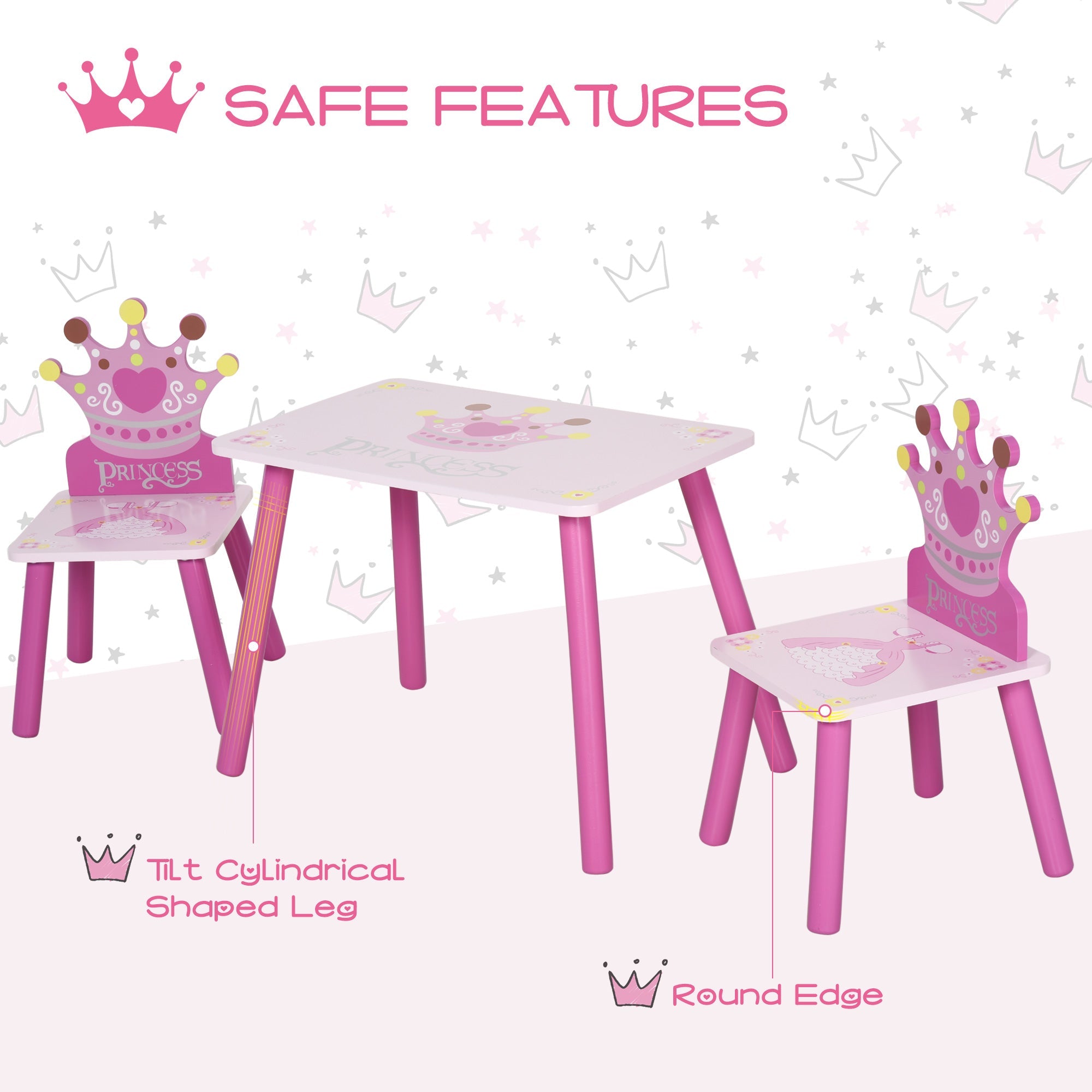 Qaba Petite Princess: 3-Piece Wooden Table and Chair Set with Crown Pattern, Pink Finish for Girls 