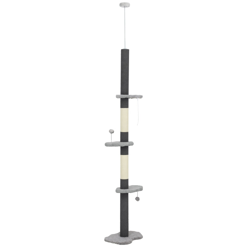 88.5"-100.5" Floor to Ceiling Cat Tree, Cat Tower with Scratching Posts, Cloud Shaped Platforms, Dangling Balls, Grey