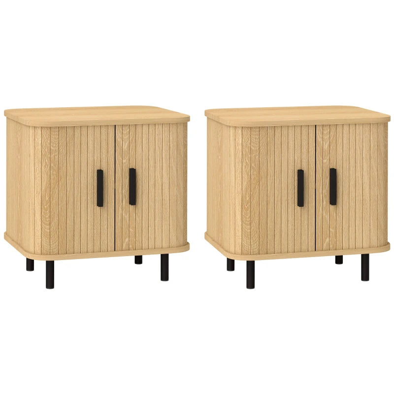 Nightstand Set of 2, Side Table with Shutter Doors, Sofa End Table with Steel Frame, for Bedroom, Living Room, Oak