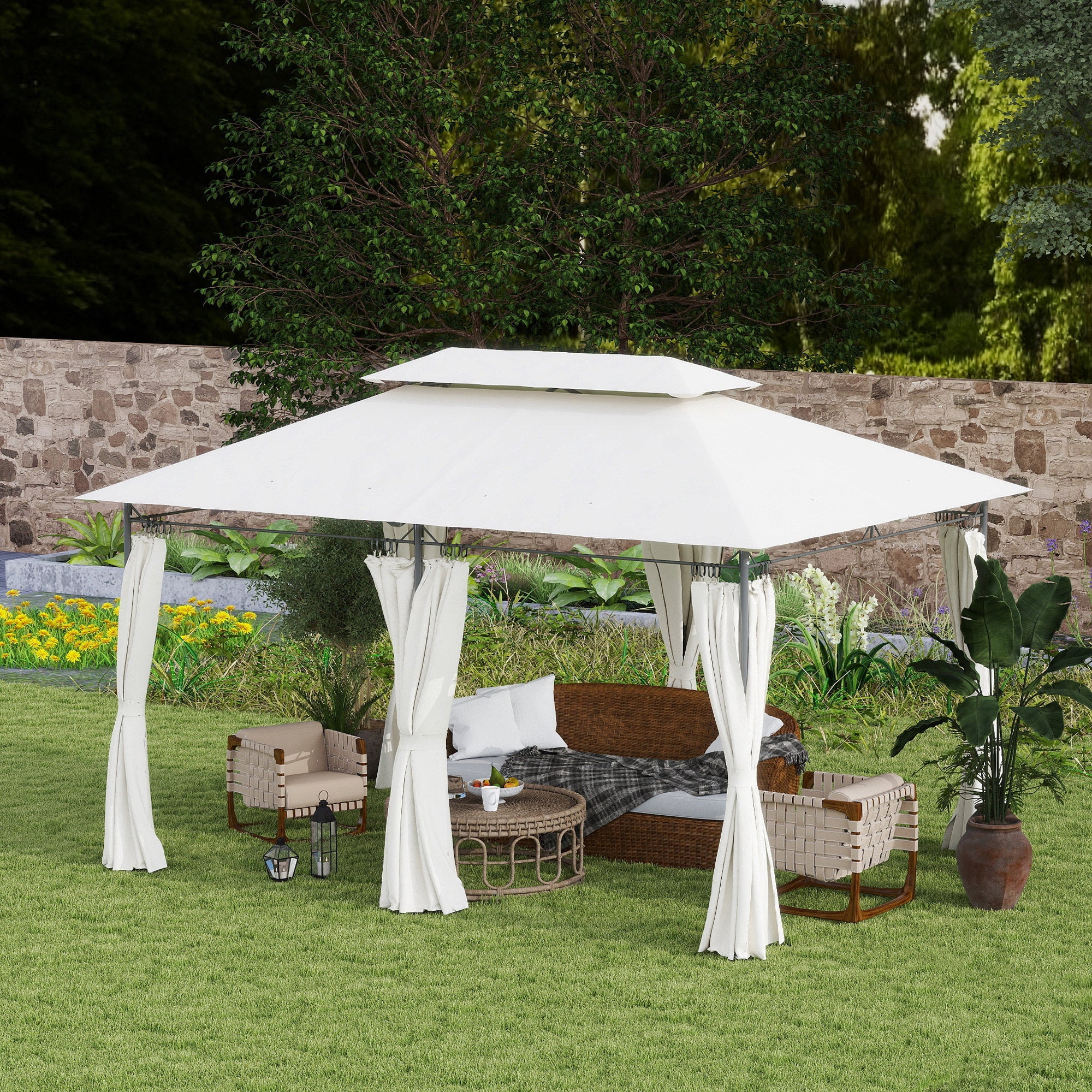 Outsunny 10' x 13' Double Roof Patio Gazebo, Outdoor Gazebo with Curtains, for Garden, Lawn, Backyard and Deck, Cream White 