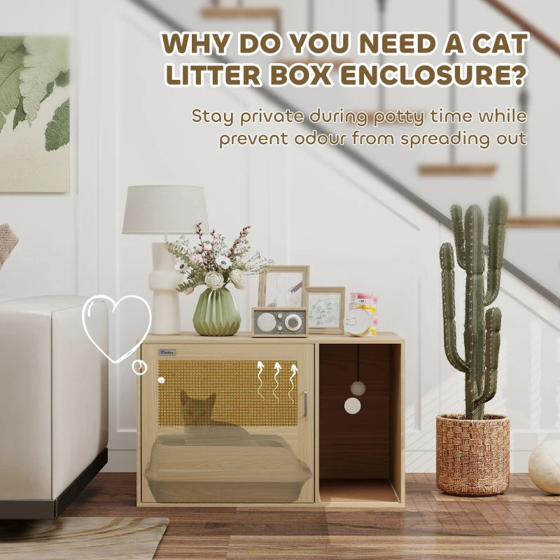 Cat Litter Box Enclosure, Cat Washroom End Side Table with Rattan Door, Scratching Pad, Non-slip Foot Pads, Oak