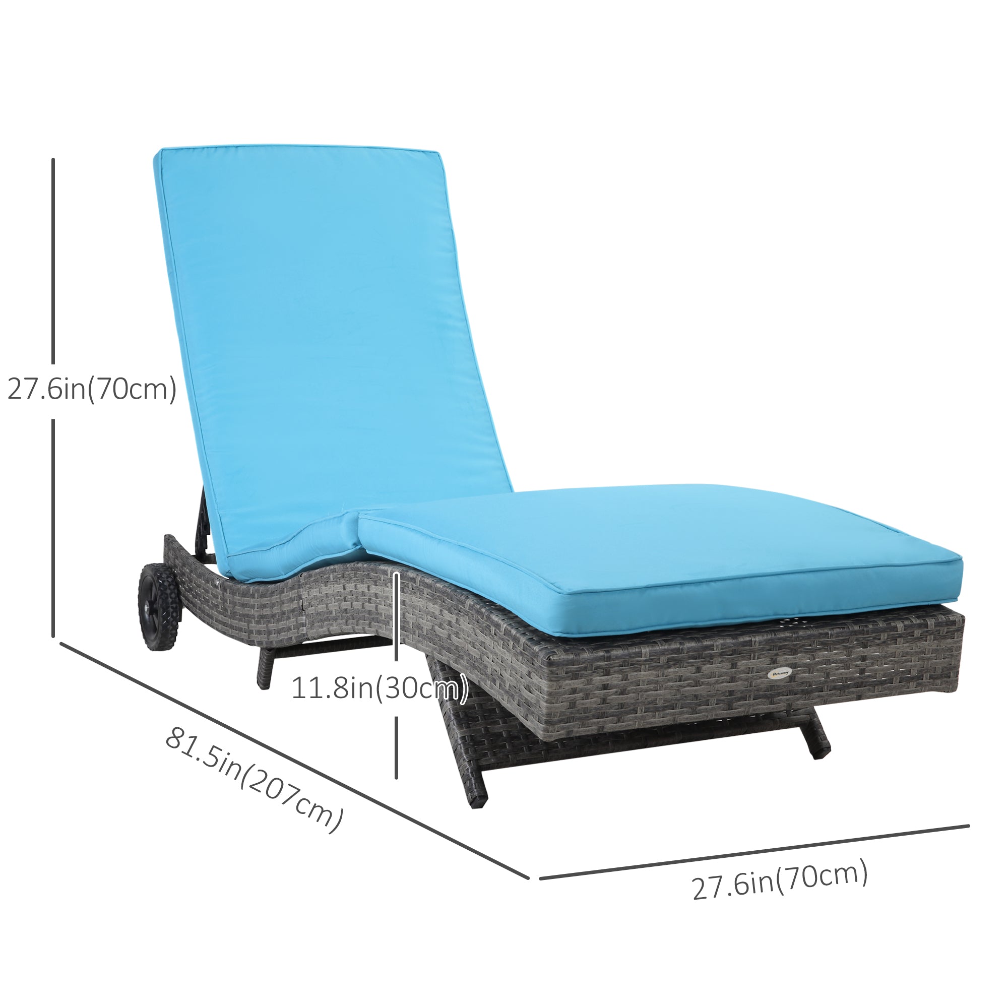Outsunny Wicker Chaise Lounge Outdoor Adjustable 5-Level Backrest S-Shape Rattan Lounger with Cushion Wheels 