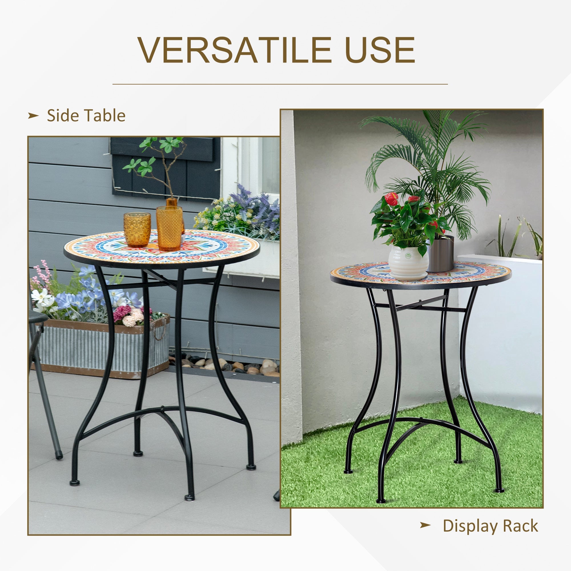 Outsunny Mosaic Patio Table, Round Coffee Table with Metal Frame, Garden Furniture for Outdoor, Poolside, Red 
