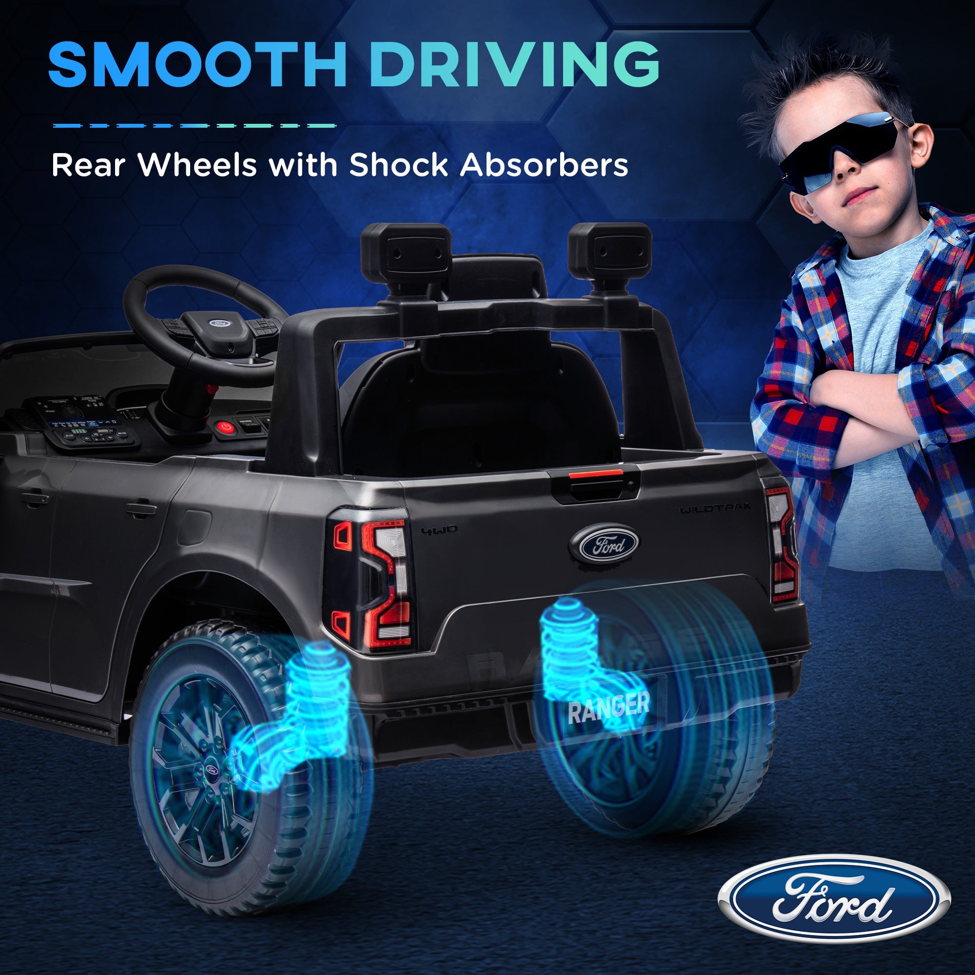 Qaba Ford Ranger Licensed 12V Ride on Car Battery Powered Kids Truck w/ Rear Storage Remote, Spring Suspension, Grey 